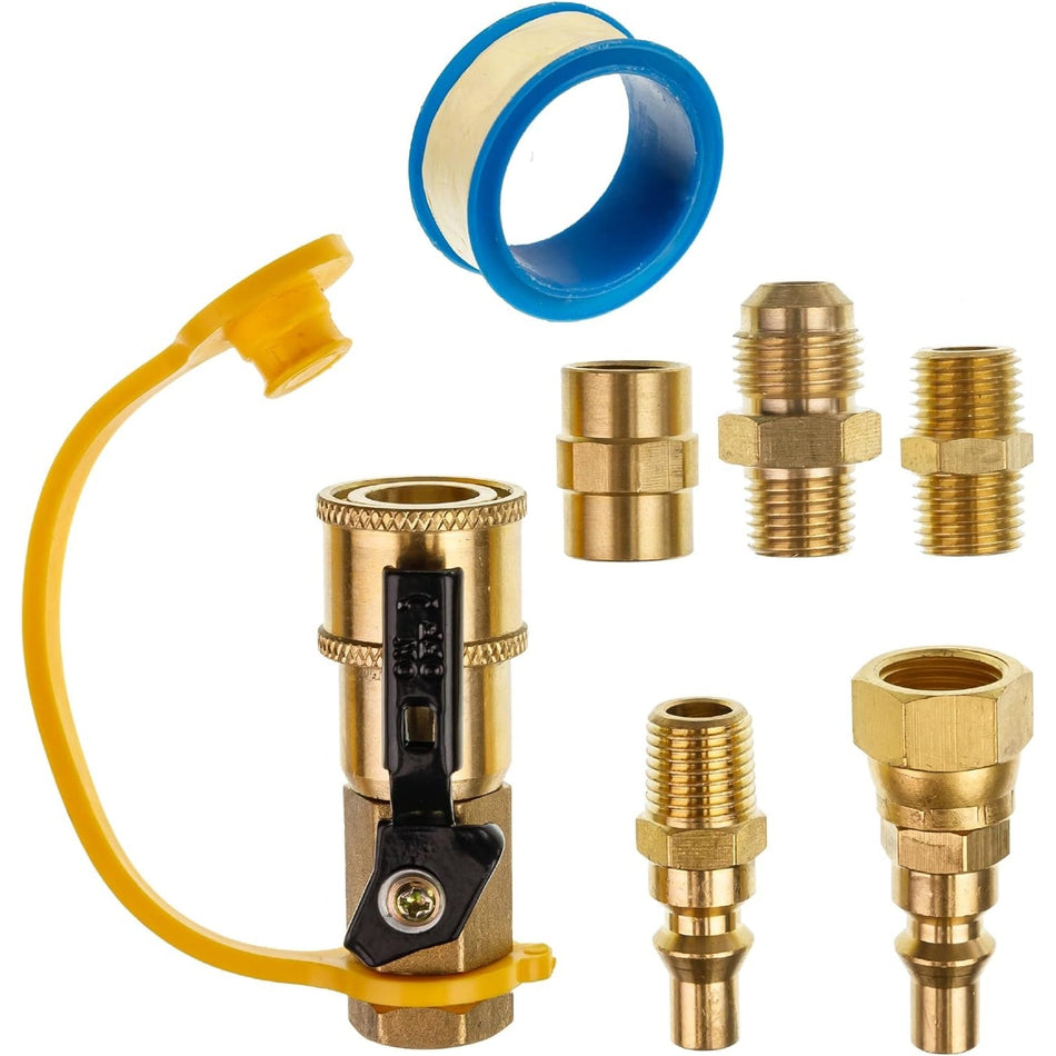 RV Propane Quick Connect Fitting Adapter Valve Kit - 1/4"" Male NPT Full Flow Plug & 3/8"" Male Flare Quick Kit for Low Pressure Gas Appliance Heater Grill Fire Pit and RV Quick Connect, 7pcs"