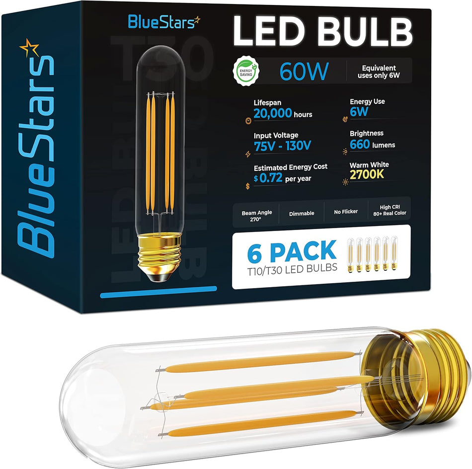 6-pack (Christmas Decoration) T10 Tubular LED Light Bulbs T30 E26 Medium Base