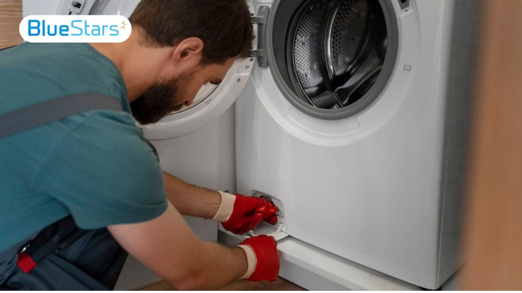 technician inspecting washing machine drain overflow problem
