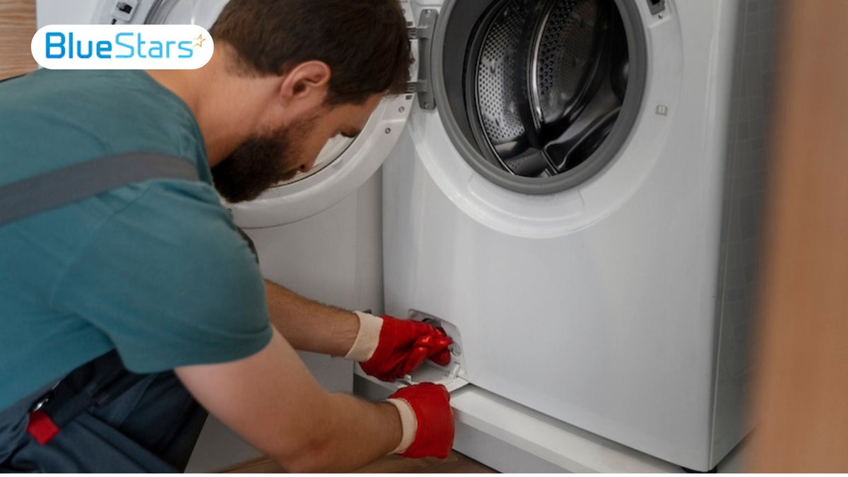 technician inspecting washing machine drain overflow problem