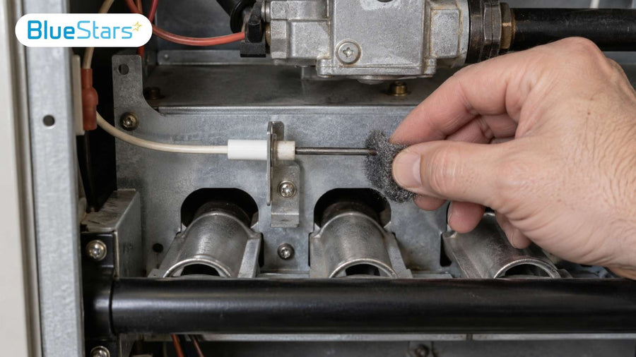 Close-up of a person cleaning a furnace flame sensor's metal rod with steel wool to remove carbon buildup and oxidation