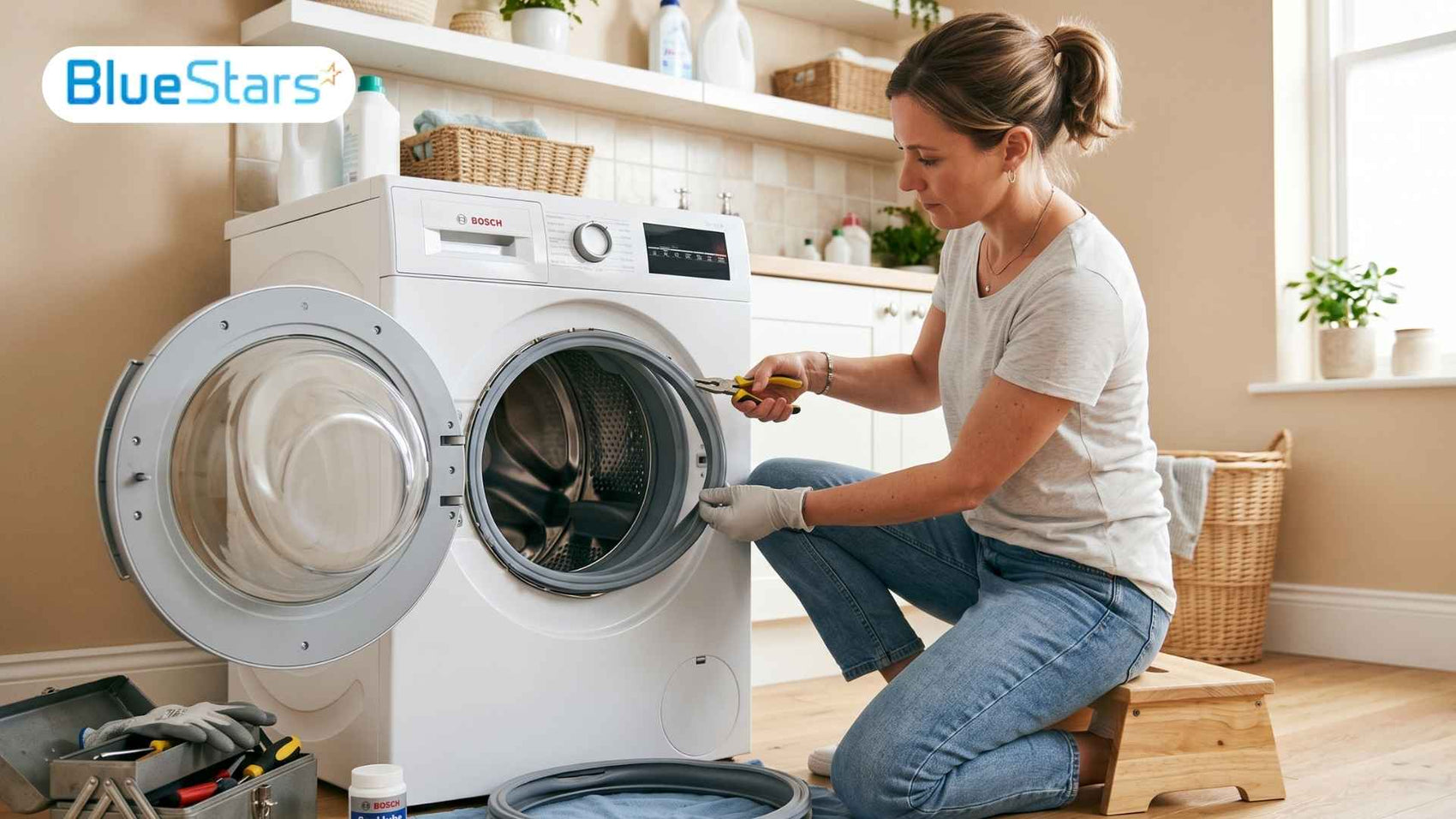 technician replacing washing machine door seal on front load washer