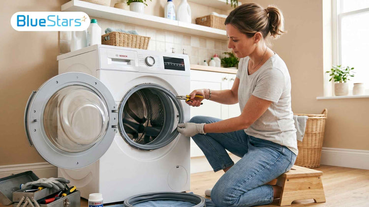 technician replacing washing machine door seal on front load washer