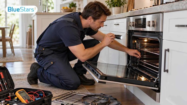 Professional oven repair technician inspecting an open oven with a flashlight and repair tools to diagnose potential issues