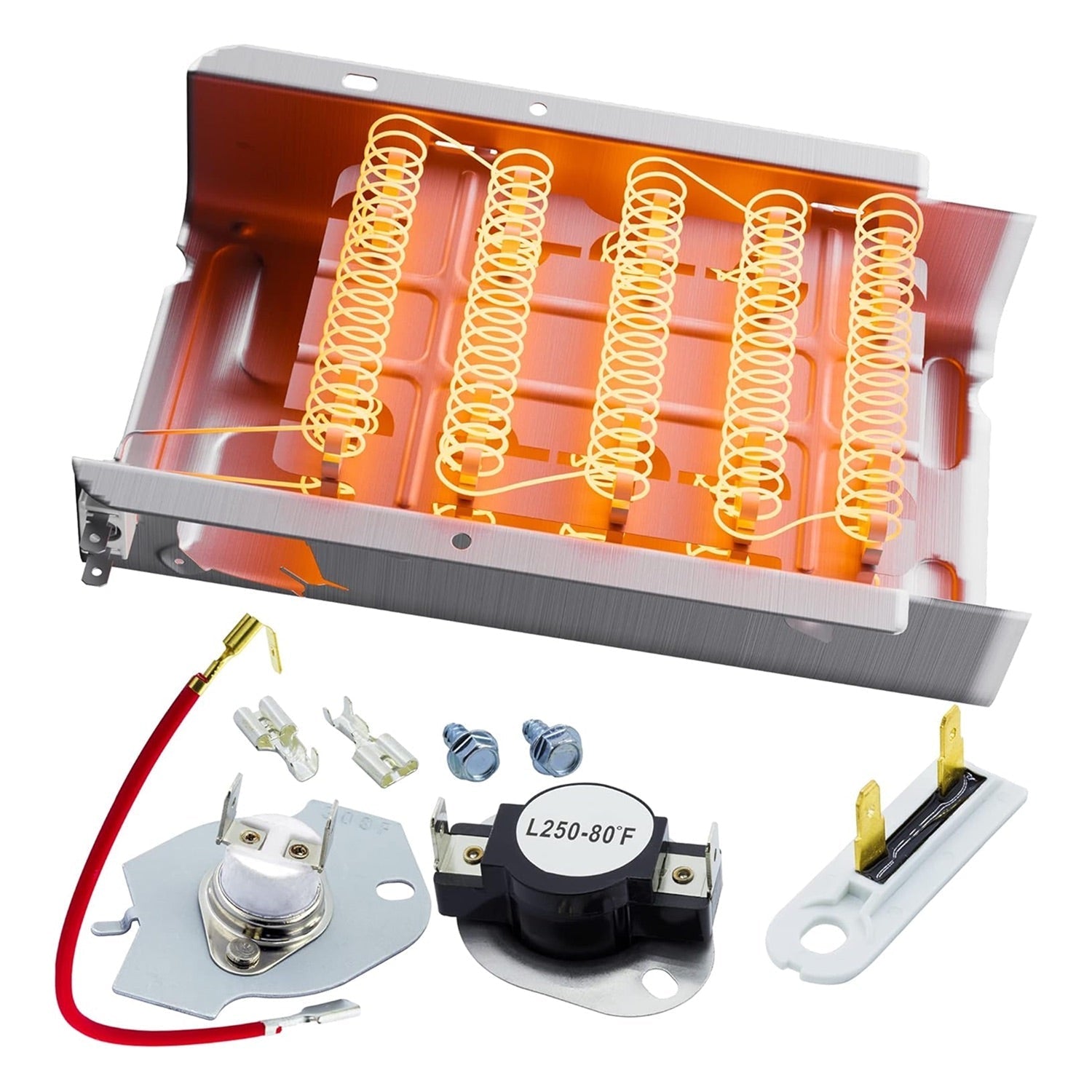 Dryer heating element kit with coils, thermal fuses, and thermostats for Whirlpool, Kenmore, and Maytag dryers.