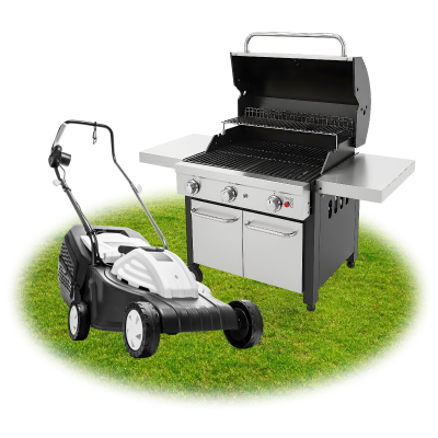 Assortment of garden outdoor parts for lawn and yard equipment maintenance