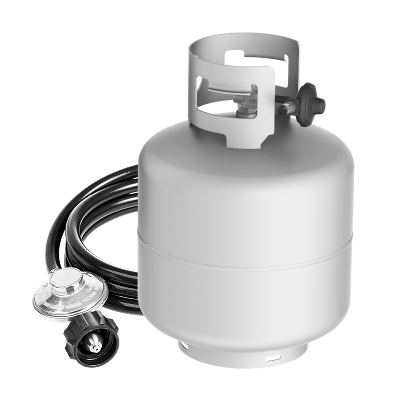 An assortment of replacement propane parts including regulators, valves, fittings, and hoses