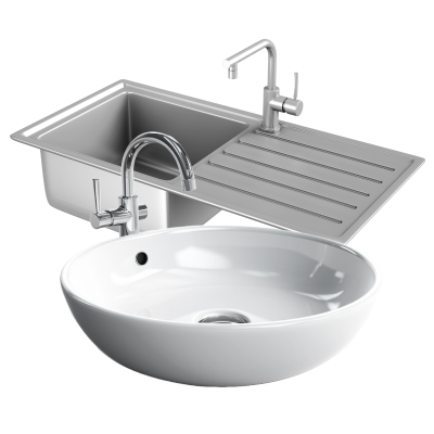 Assortment of sink parts including drains, stoppers, and mounting hardware