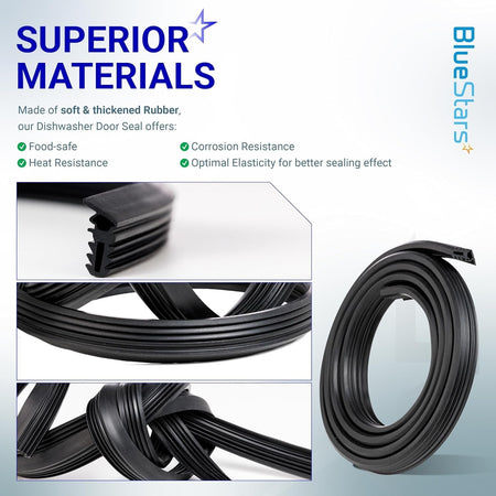 Infographic showing material features and close-up details of the 00494772 dishwasher door gasket seal.