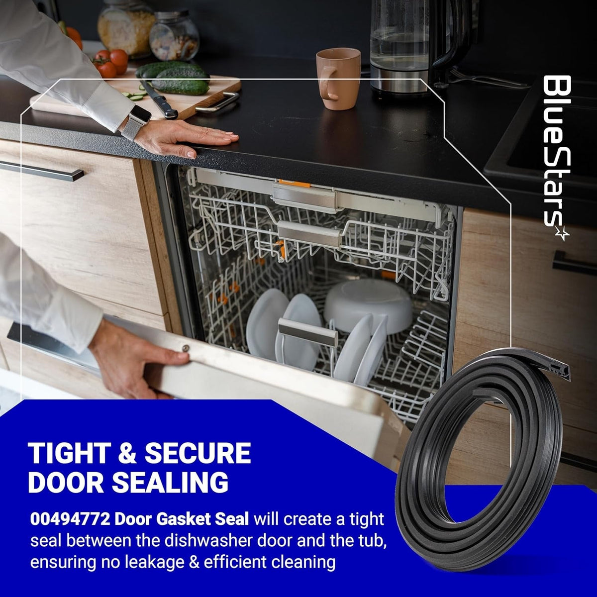 00494772 dishwasher door gasket seal coiled for replacement in Samsung, Kenmore, and Bosch dishwashers.