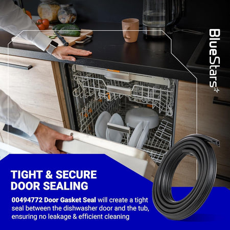 00494772 dishwasher door gasket seal coiled for replacement in Samsung, Kenmore, and Bosch dishwashers.