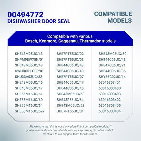 Compatibility chart for 00494772 dishwasher door gasket seal listing compatible Bosch, Kenmore, and other models.