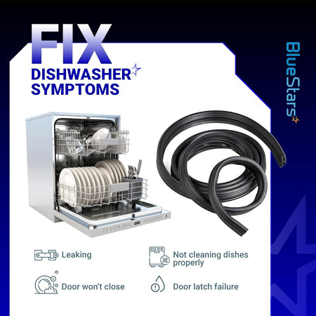 Infographic showing 00494772 dishwasher door gasket seal and common repair symptoms for Samsung, Kenmore, and Bosch units.