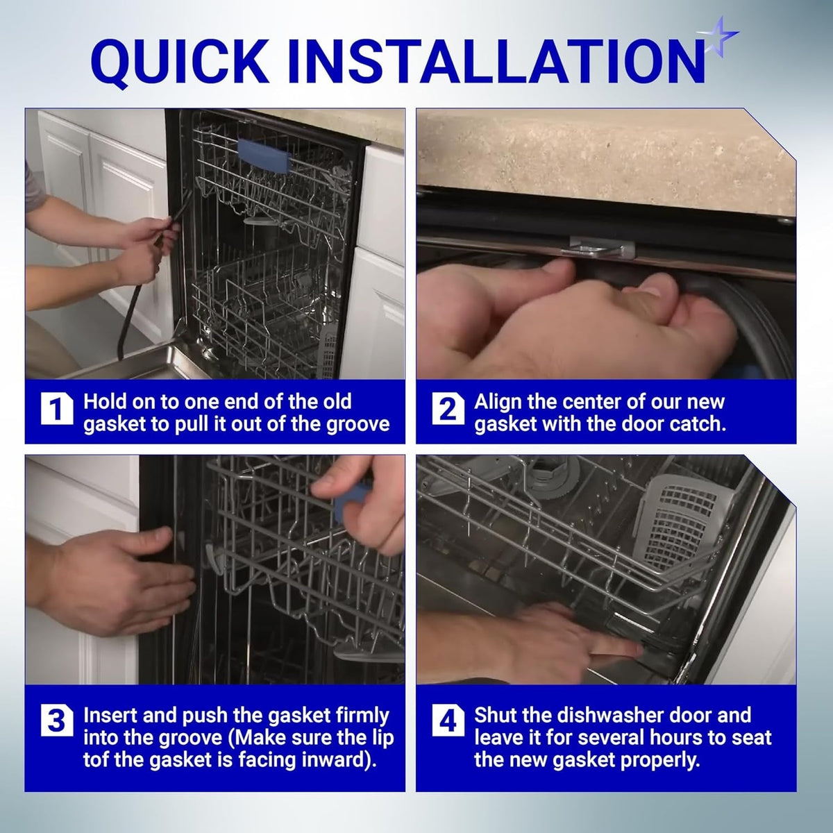Four-step visual guide showing the installation process for a dishwasher door gasket seal.