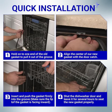 Four-step visual guide showing the installation process for a dishwasher door gasket seal.