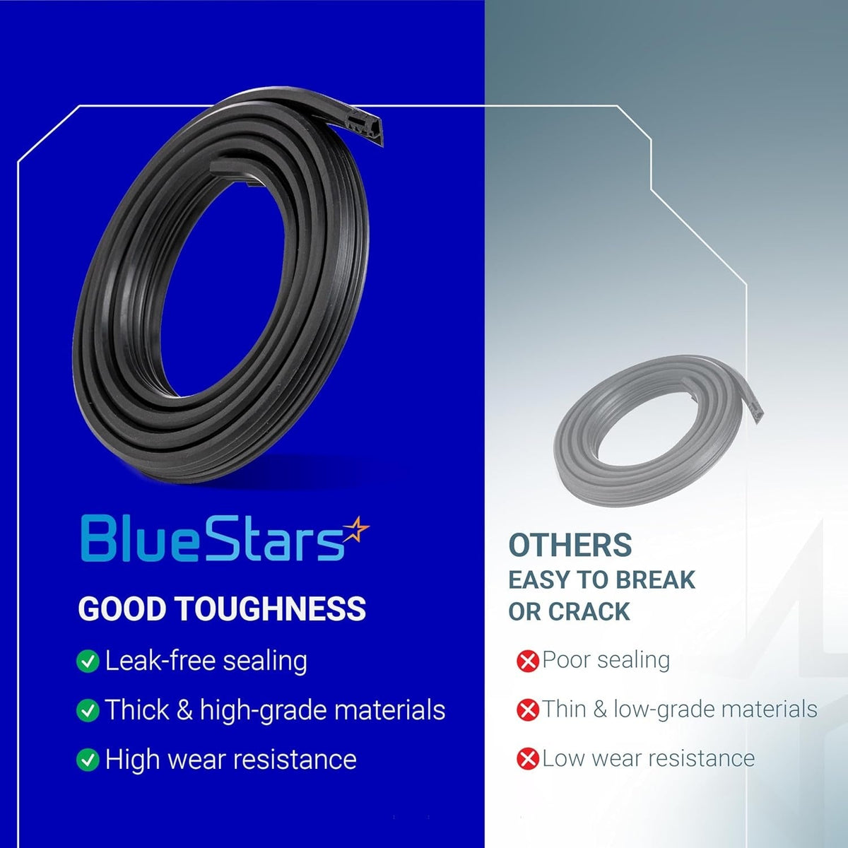 Comparison graphic showing durable 00494772 dishwasher door gasket seal versus low-quality alternative.