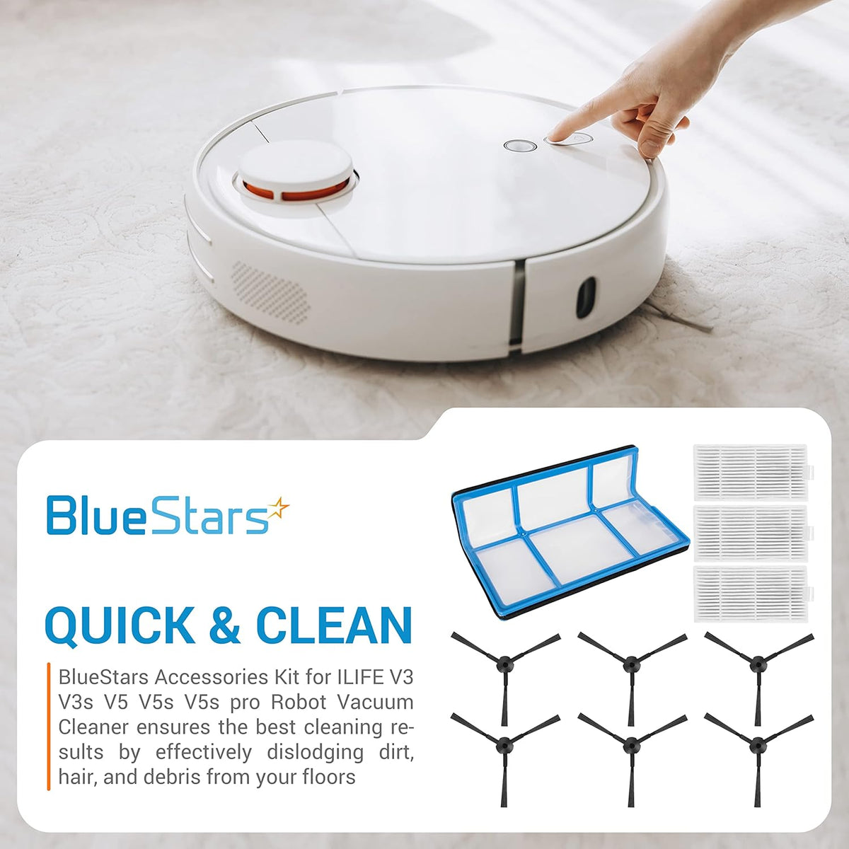 Replacement parts kit including primary filter, HEPA filters, and side brushes for ILIFE V3, V3s, V5, V5s, V5s Pro vacuums.