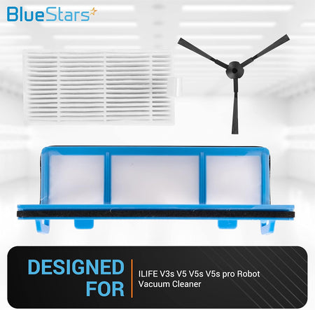 Replacement HEPA filter, primary filter, and side brush for ILIFE V3 V5 V5s series robot vacuum cleaners.