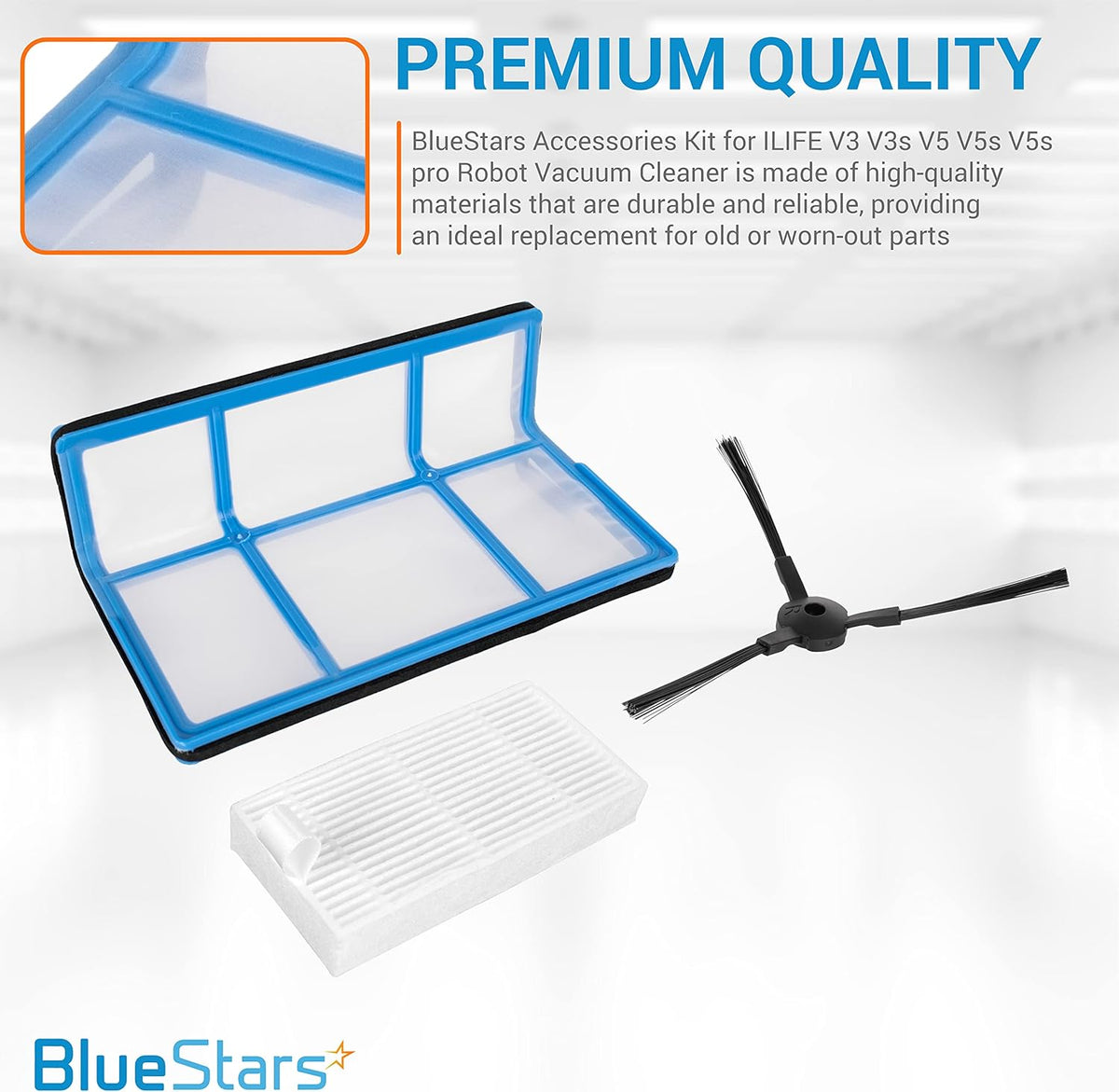 Replacement primary filter, HEPA filter, and side brush for ILIFE V3 V3s V5 V5s V5s Pro robot vacuum cleaner.