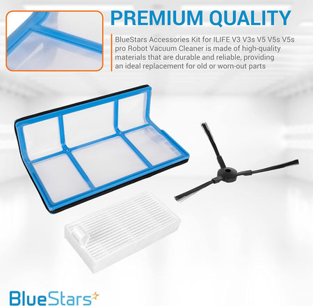 Replacement primary filter, HEPA filter, and side brush for ILIFE V3 V3s V5 V5s V5s Pro robot vacuum cleaner.