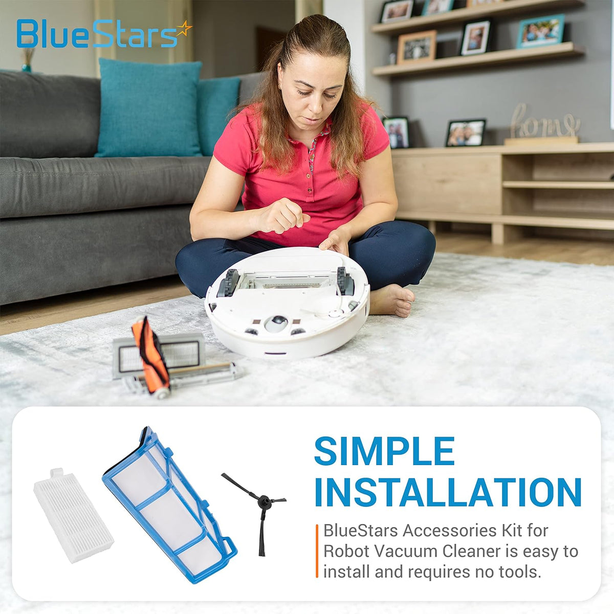 Woman installing replacement parts into an ILIFE robot vacuum cleaner with filter and brush accessories shown.