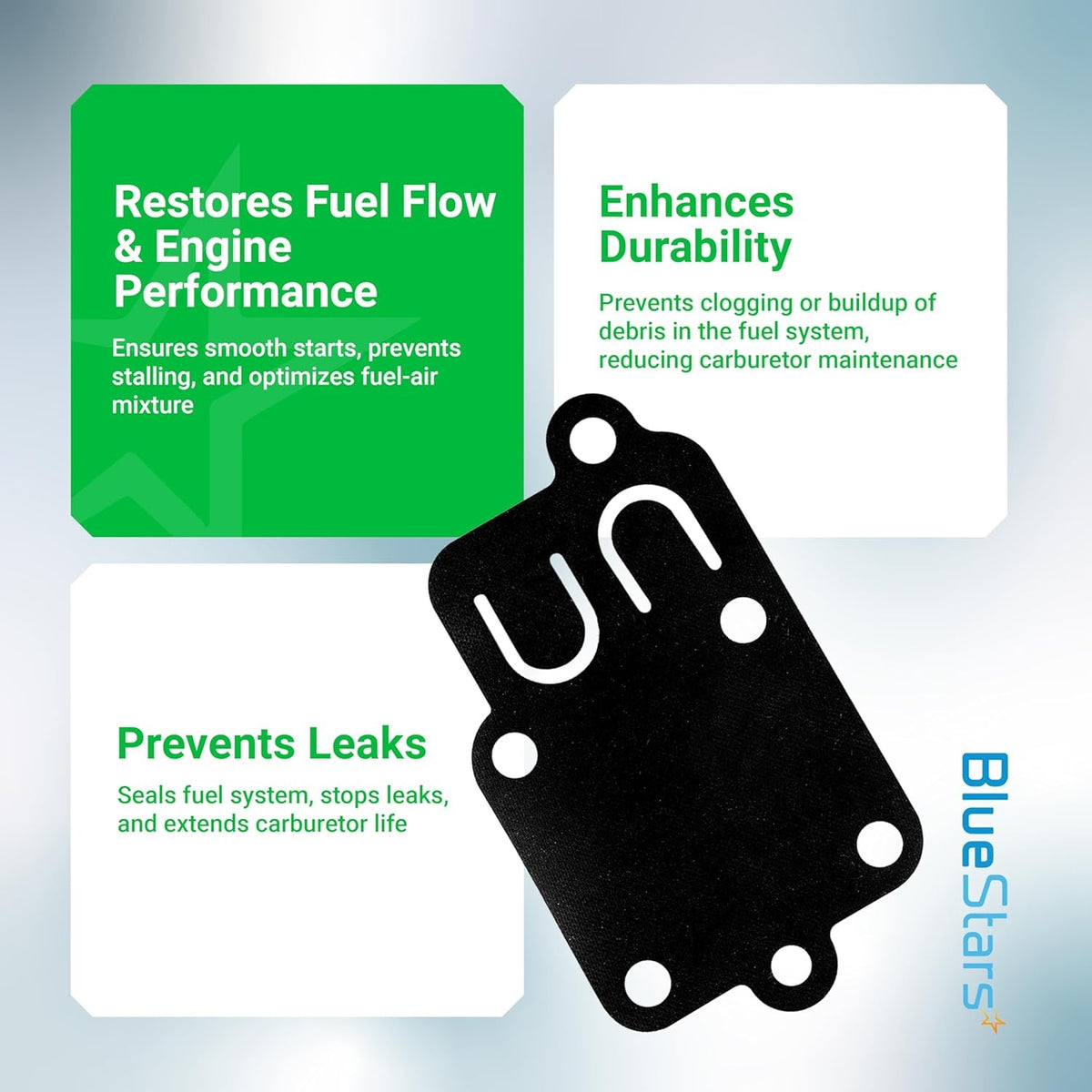 Black carburetor diaphragm gasket for 2HP-5HP engines with informational text overlay.