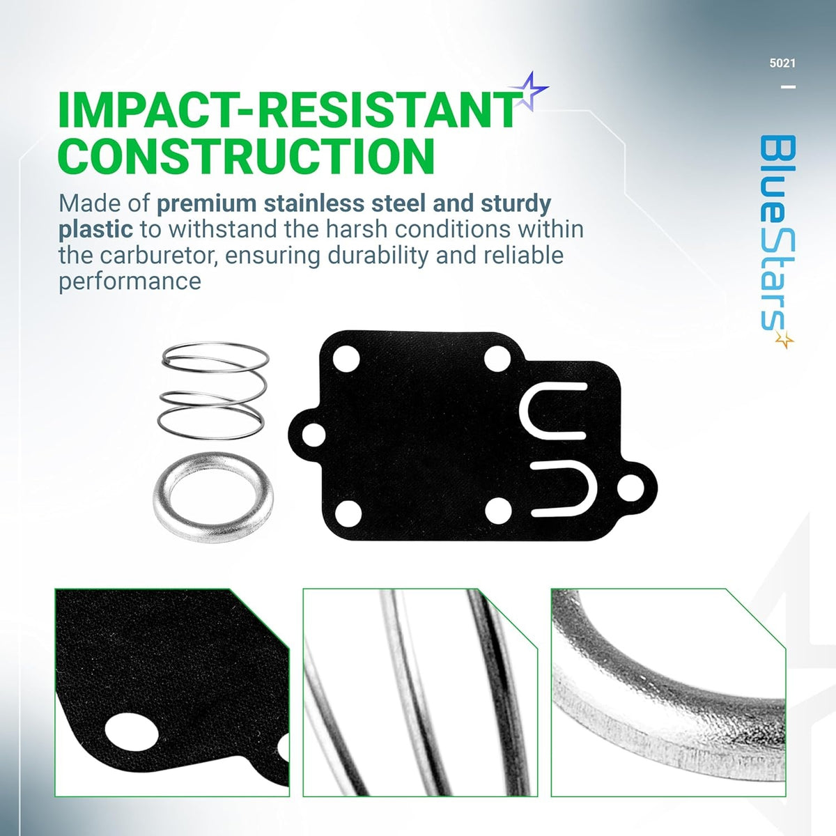 5021K carburetor diaphragm gasket kit with spring and cap for 2HP-5HP engines, showing component details.
