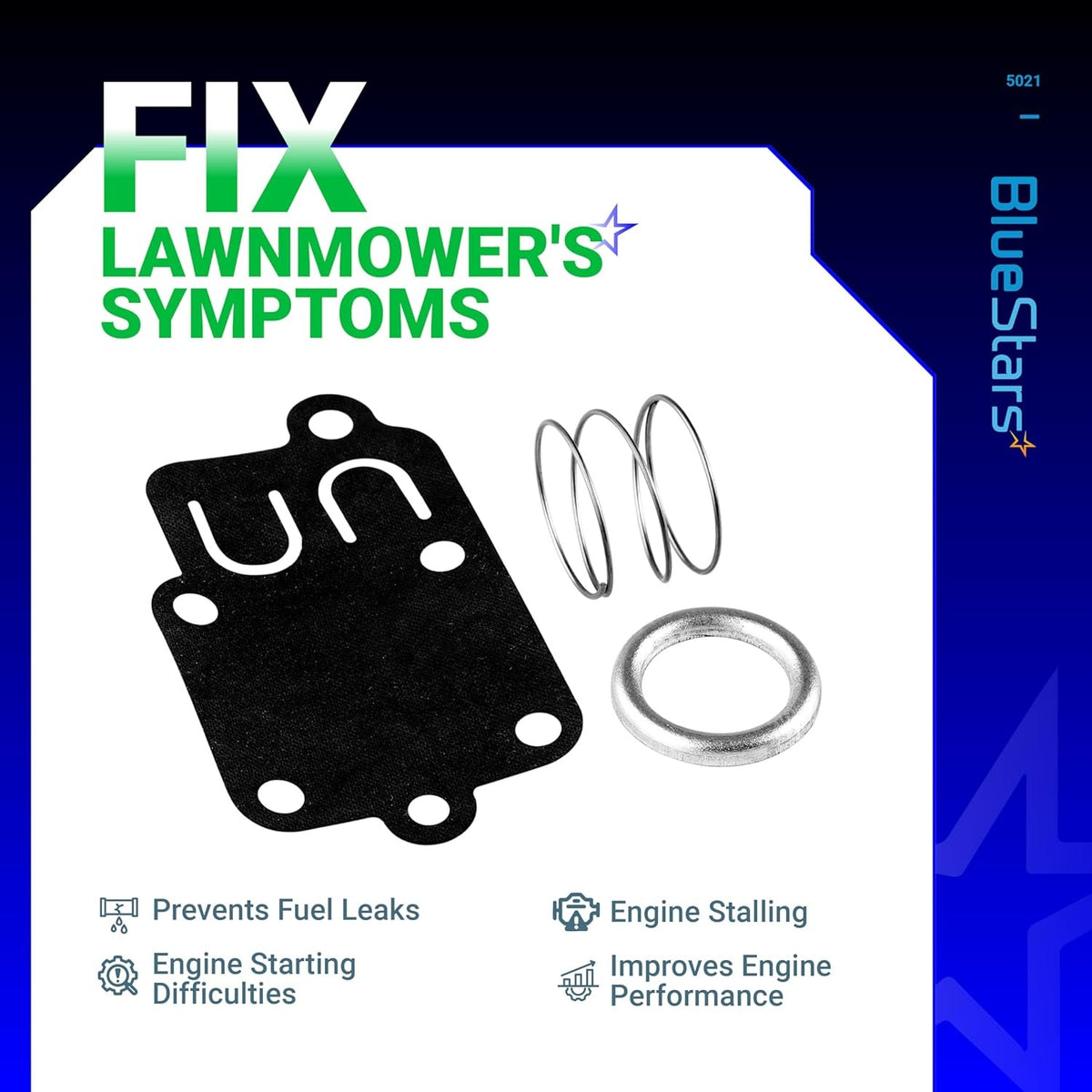 5021K carburetor diaphragm, spring, and cap kit for 2HP-5HP small engines.