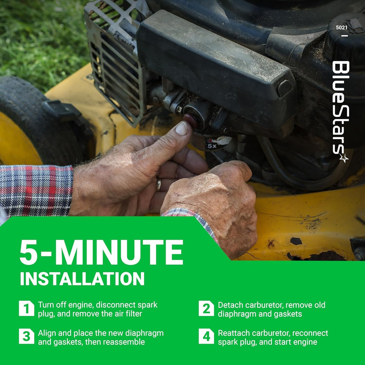 Installation guide showing hands replacing a carburetor diaphragm on a small engine lawn mower.