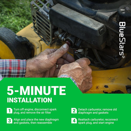 Installation guide showing hands replacing a carburetor diaphragm on a small engine lawn mower.