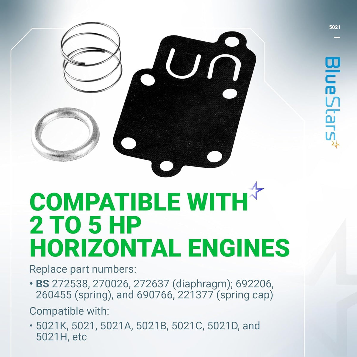 Carburetor diaphragm, spring, and cap kit for 2HP to 5HP engines, compatible with B&S 272538 and 5021K.