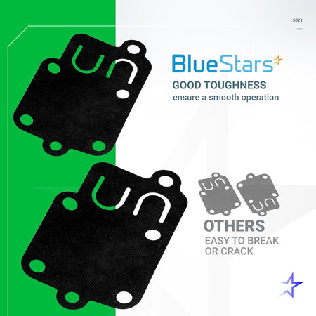 Two black carburetor diaphragm gaskets for 2HP-5HP engines, highlighting durable material quality.