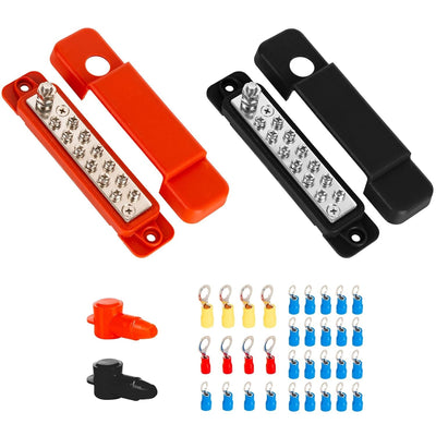 Two 12-terminal DC bus bars with red and black covers, plus 32 assorted wire lugs and protective terminal caps.