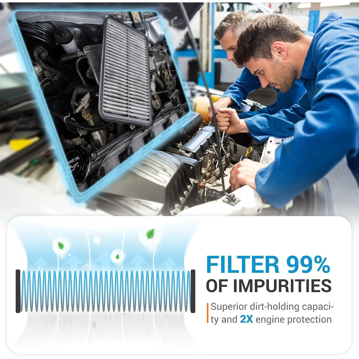 Mechanics installing an XA10486 engine air filter in a Honda vehicle with a diagram showing 99% impurity filtration.
