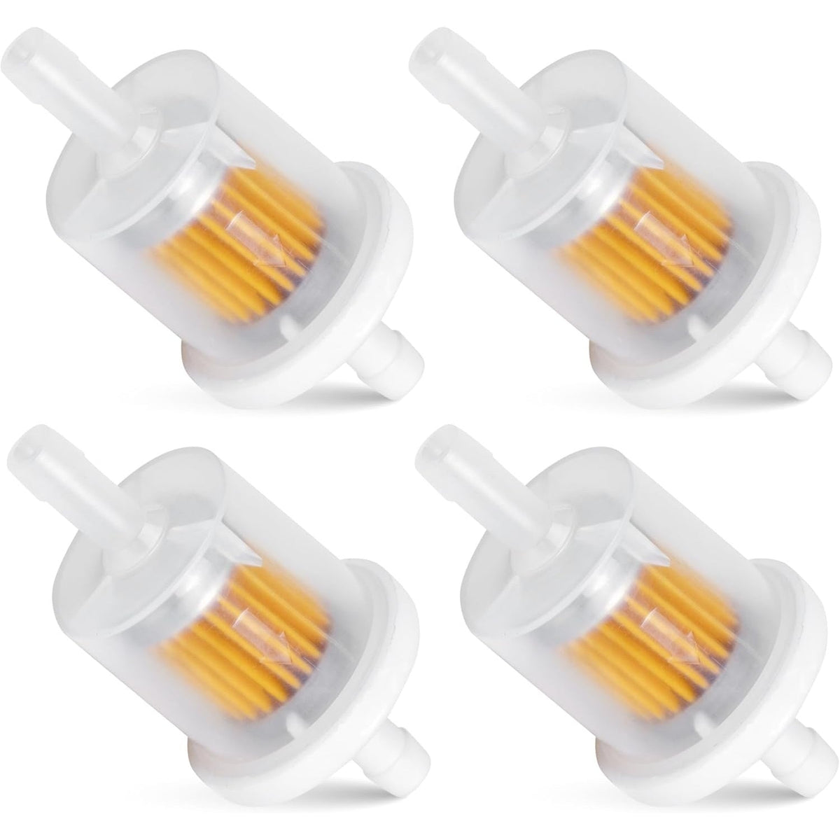 Set of four 40-micron 1/4-inch inline fuel filters for lawn mowers and tractors.