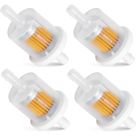 Set of four 40-micron 1/4-inch inline fuel filters for lawn mowers and tractors.