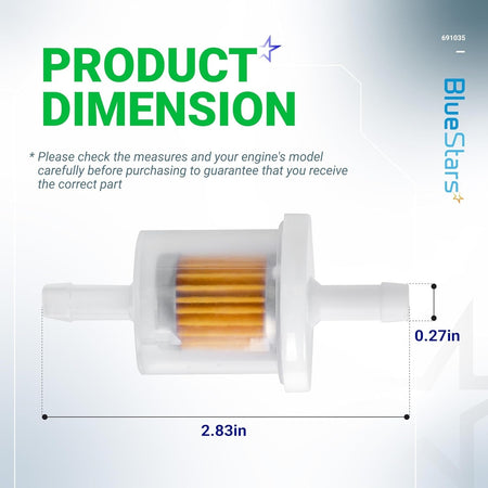 Dimension diagram of 40 micron 1/4 inch inline fuel filter for lawn mower engines.