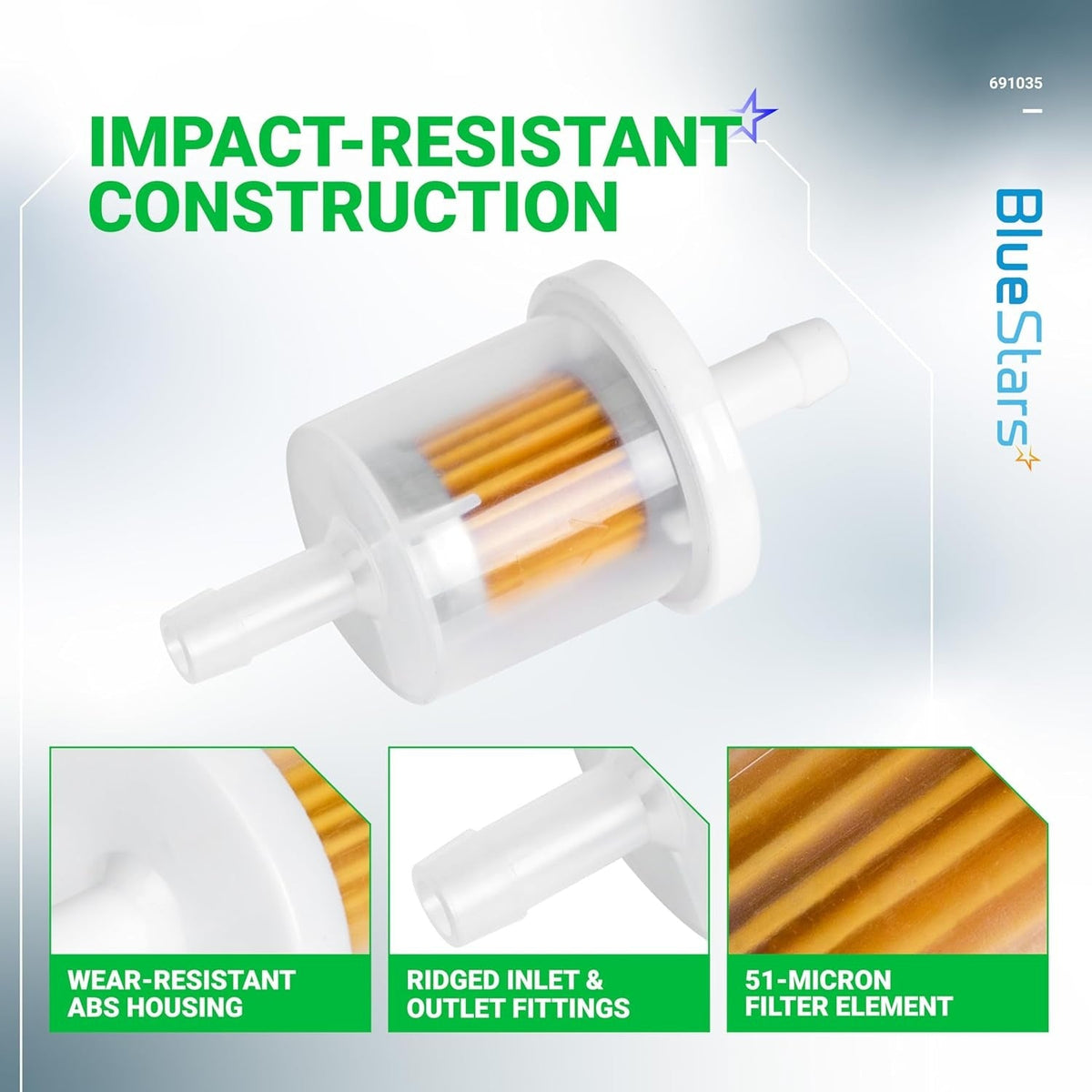 40 micron 1/4 inch inline fuel filter with impact-resistant ABS housing and ridged inlet and outlet fittings.