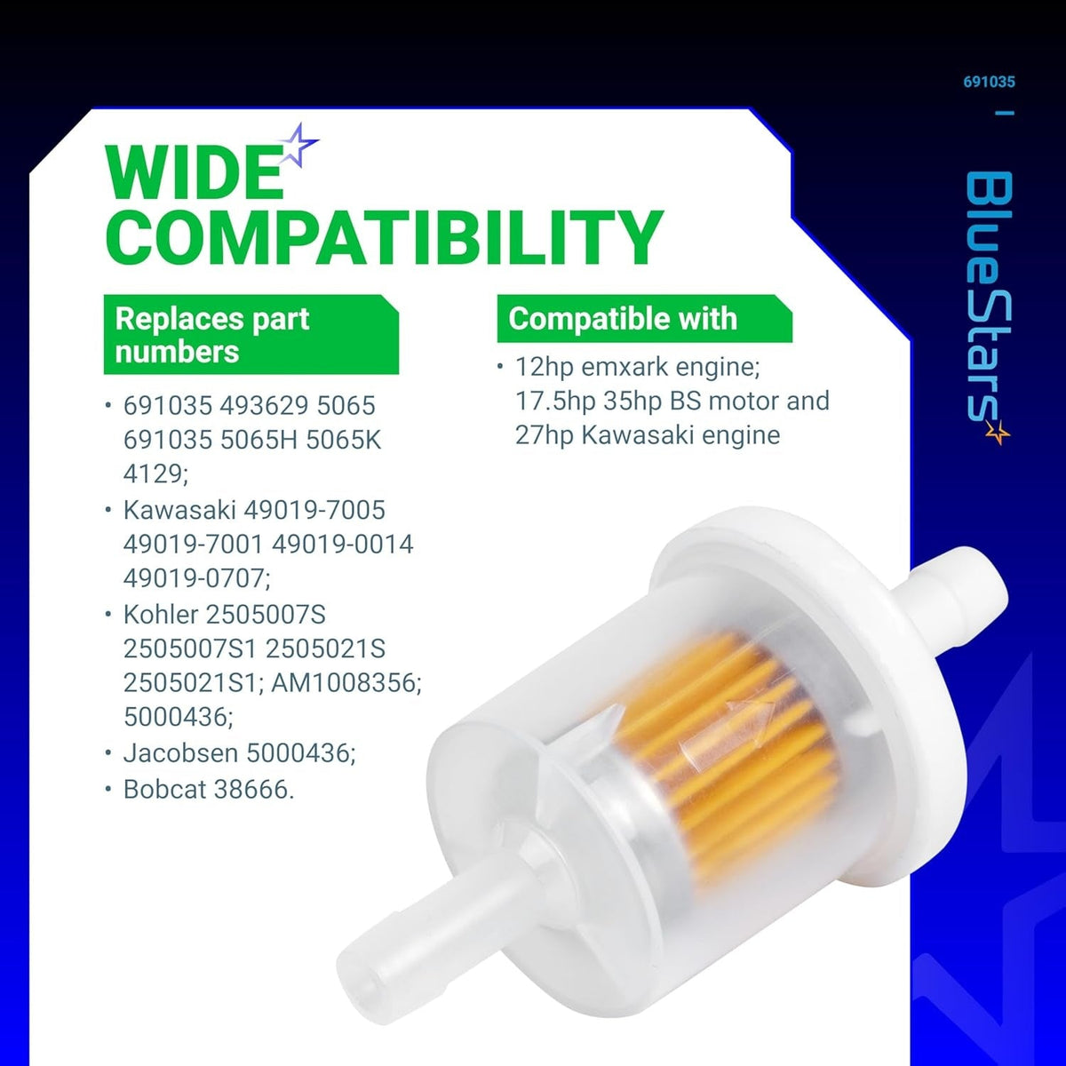 40 micron 1/4 inch inline fuel filter with compatibility chart for lawn mower and tractor engines.
