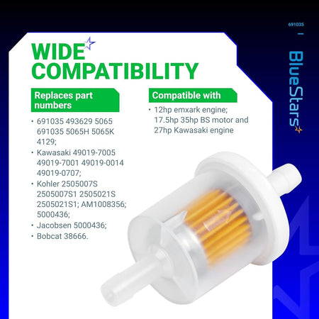 40 micron 1/4 inch inline fuel filter with compatibility chart for lawn mower and tractor engines.