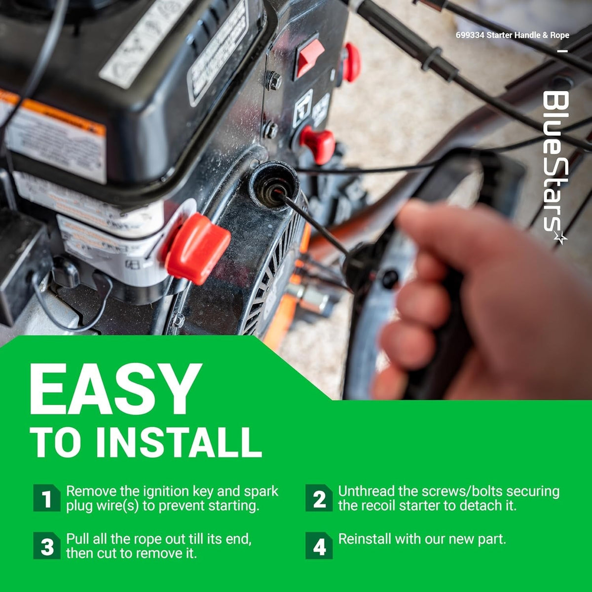 Hand pulling the 699334 starter handle and rope on a snowblower engine with installation instructions overlay.