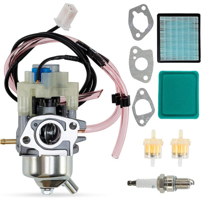 Carburetor kit for Predator 3500W generator including carburetor, gaskets, air filters, fuel filters, and spark plug.