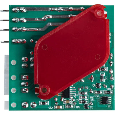 Close-up of W10366605 refrigerator defrost control board with red protective cover on green circuit board.