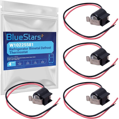 Four W10225581 refrigerator bimetal defrost thermostats with wiring harnesses and retail packaging.