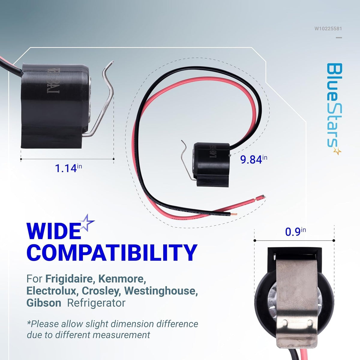 W10225581 refrigerator bimetal defrost thermostat showing dimensions and compatibility for Whirlpool and Kenmore fridges.