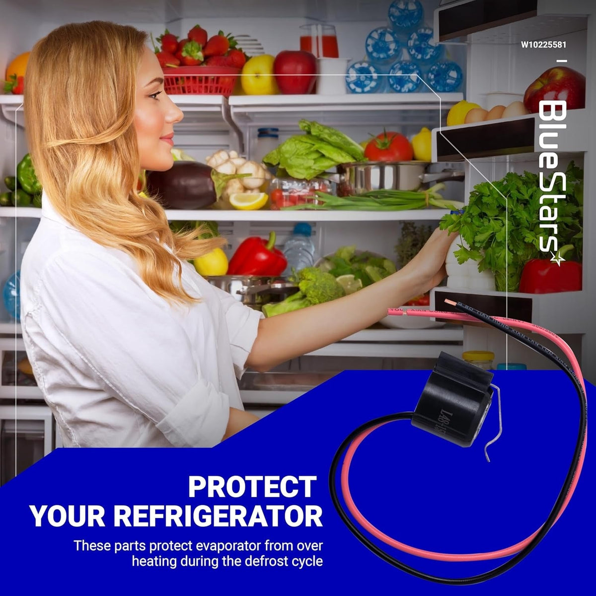 W10225581 refrigerator bimetal defrost thermostat replacement part shown in a lifestyle product graphic.
