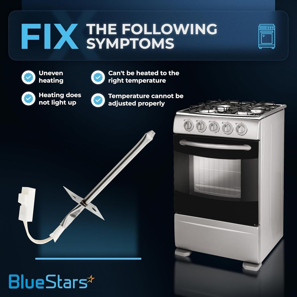 Infographic showing oven temperature sensor symptoms and compatibility with Frigidaire and Kenmore ranges.