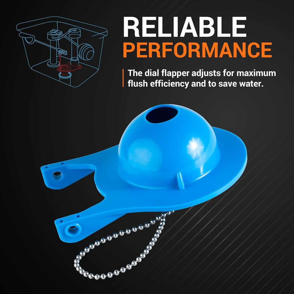 Blue AquaSource toilet flapper with adjustable dial for flush efficiency and metal chain.