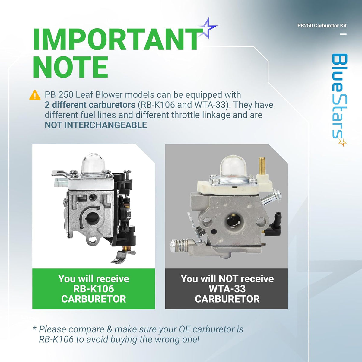 Comparison chart showing RB-K106 carburetor for Echo PB250 leaf blower versus incompatible WTA-33 carburetor.