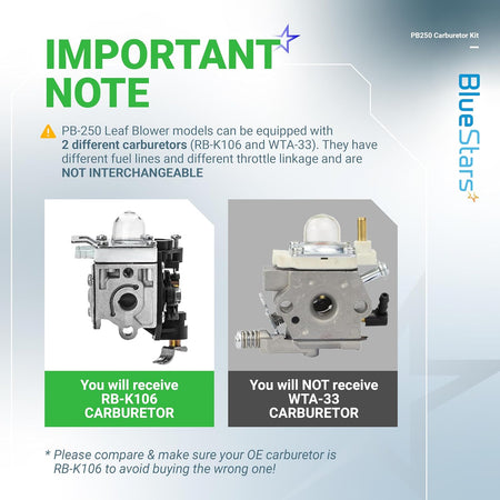 Comparison chart showing RB-K106 carburetor for Echo PB250 leaf blower versus incompatible WTA-33 carburetor.